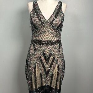 1920’s style flapper fringe beaded hourglass v-neck sheath dress size M sequin